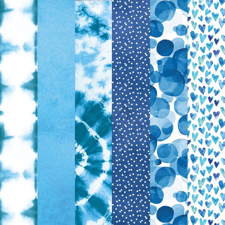 PSET-0019E - Blue Colorways Pattern 12 x 12 Scrapbook Paper Set - Six vertical blue patterned paper strips featuring tie-dye, solid, dotted, circular, and heart designs