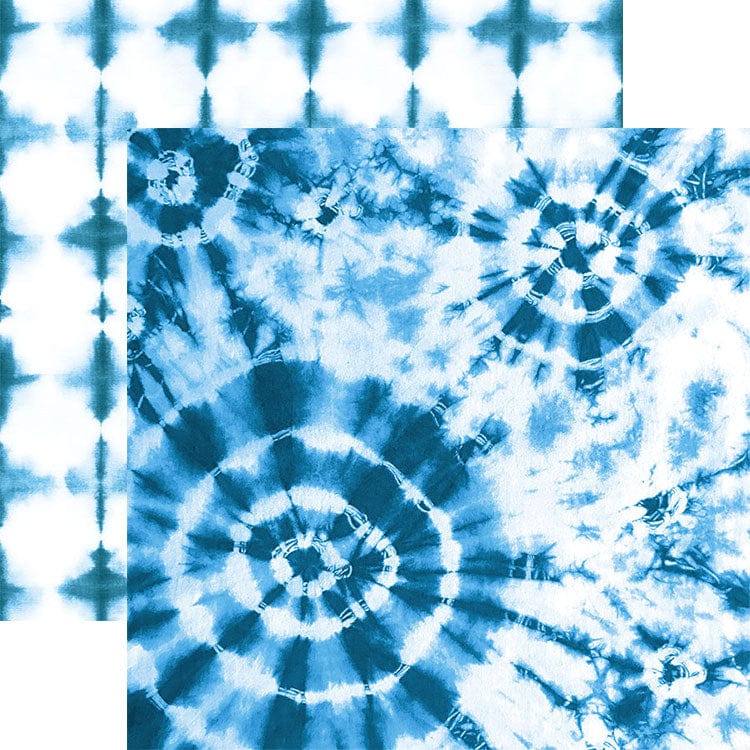 PSET-0019E - Blue Colorways Pattern 12 x 12 Scrapbook Paper Set - Blue tie-dye patterns with geometric star designs on white background across scrapbook paper sheets