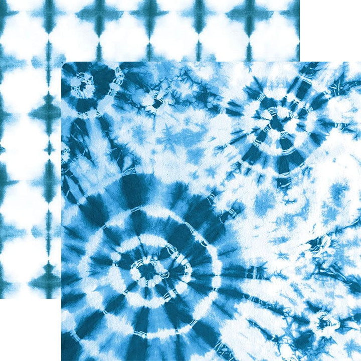 PSET-0019E - Blue Colorways Pattern 12 x 12 Scrapbook Paper Set - Blue tie-dye patterns with geometric star designs on white background across scrapbook paper sheets