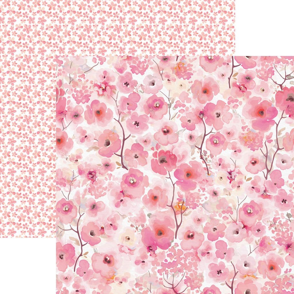 PSET-0021E - Pink Colorways Pattern 12 x 12 Scrapbook Paper Set - Two coordinating pink floral scrapbook paper designs featuring delicate watercolor flowers and small botanical patterns on white backgrounds