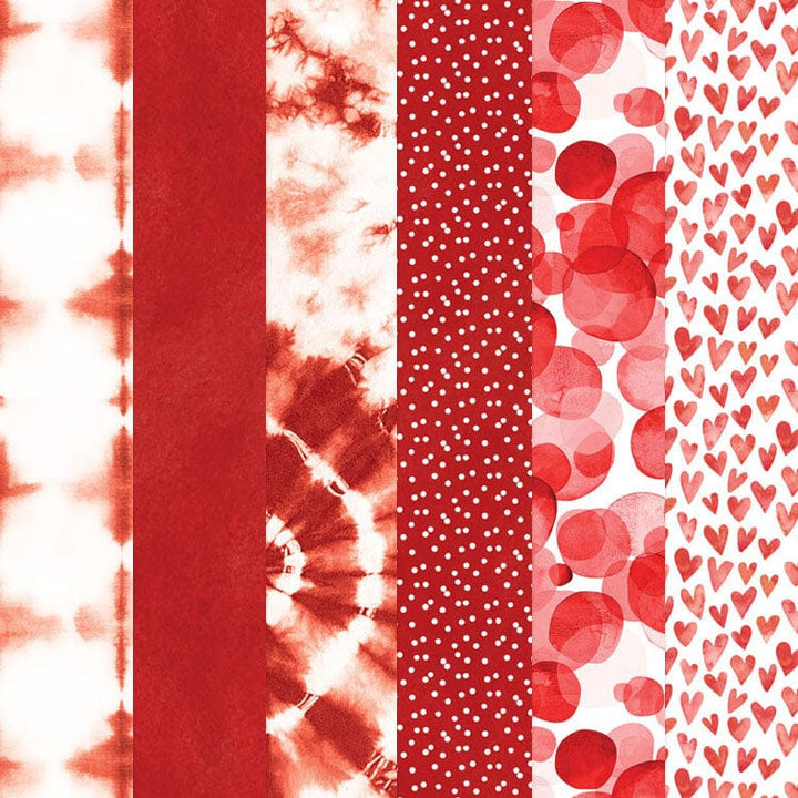 PSET-0022E - Red Colorways Pattern 12 x 12 Scrapbook Paper Set - Six vertical red and white patterned strips featuring tie-dye, solid, polka dots, and heart designs