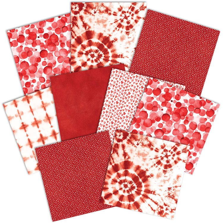 PSET-0022E - Red Colorways Pattern 12 x 12 Scrapbook Paper Set - Twelve red and white patterned scrapbook papers displaying circles, dots, tie-dye, gingham, and solid designs