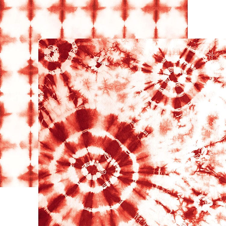 PSET-0022E - Red Colorways Pattern 12 x 12 Scrapbook Paper Set - Two overlapping sheets of red tie-dye patterned scrapbook paper with white backgrounds and spiral designs