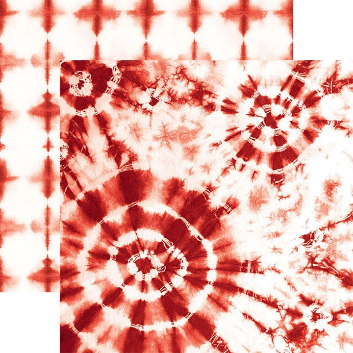 PSET-0022E - Red Colorways Pattern 12 x 12 Scrapbook Paper Set - Two overlapping sheets of red tie-dye patterned scrapbook paper with white backgrounds and spiral designs