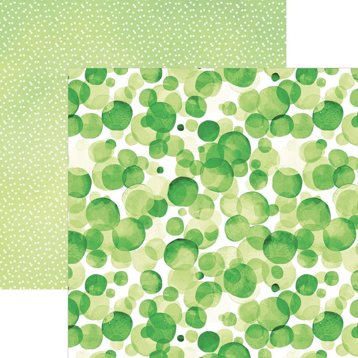 PSET-0023E - Green Colorways Pattern 12 x 12 Scrapbook Paper Set - Two coordinating green patterned papers: left side shows white dots on light green background; right side displays overlapping circles in various green shades on white