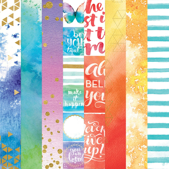 PSET-0035E - COLOR WASHED  PATTERN 12 X12 SCRAPBOOK PAPER SET - Colorful scrapbook paper set featuring watercolor washes, gold accents, butterflies, stripes, and inspirational text in vertical strips