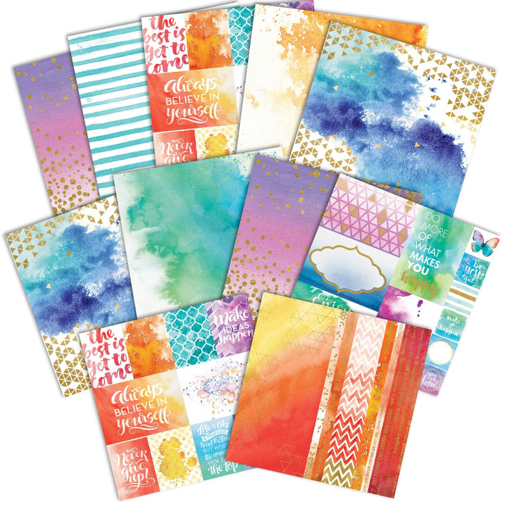 PSET-0035E - COLOR WASHED  PATTERN 12 X12 SCRAPBOOK PAPER SET - Twelve 12x12 scrapbook papers featuring watercolor washes, gold geometric patterns, stripes, and inspirational text in vibrant pastels