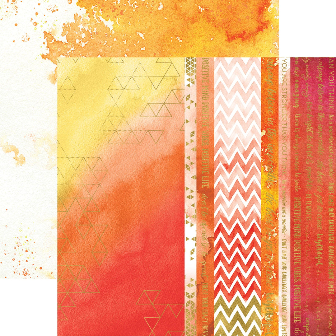PSET-0035E - COLOR WASHED  PATTERN 12 X12 SCRAPBOOK PAPER SET - Color-washed scrapbook paper featuring gradient backgrounds, geometric triangles, chevron patterns, and decorative text strips in warm sunset tones