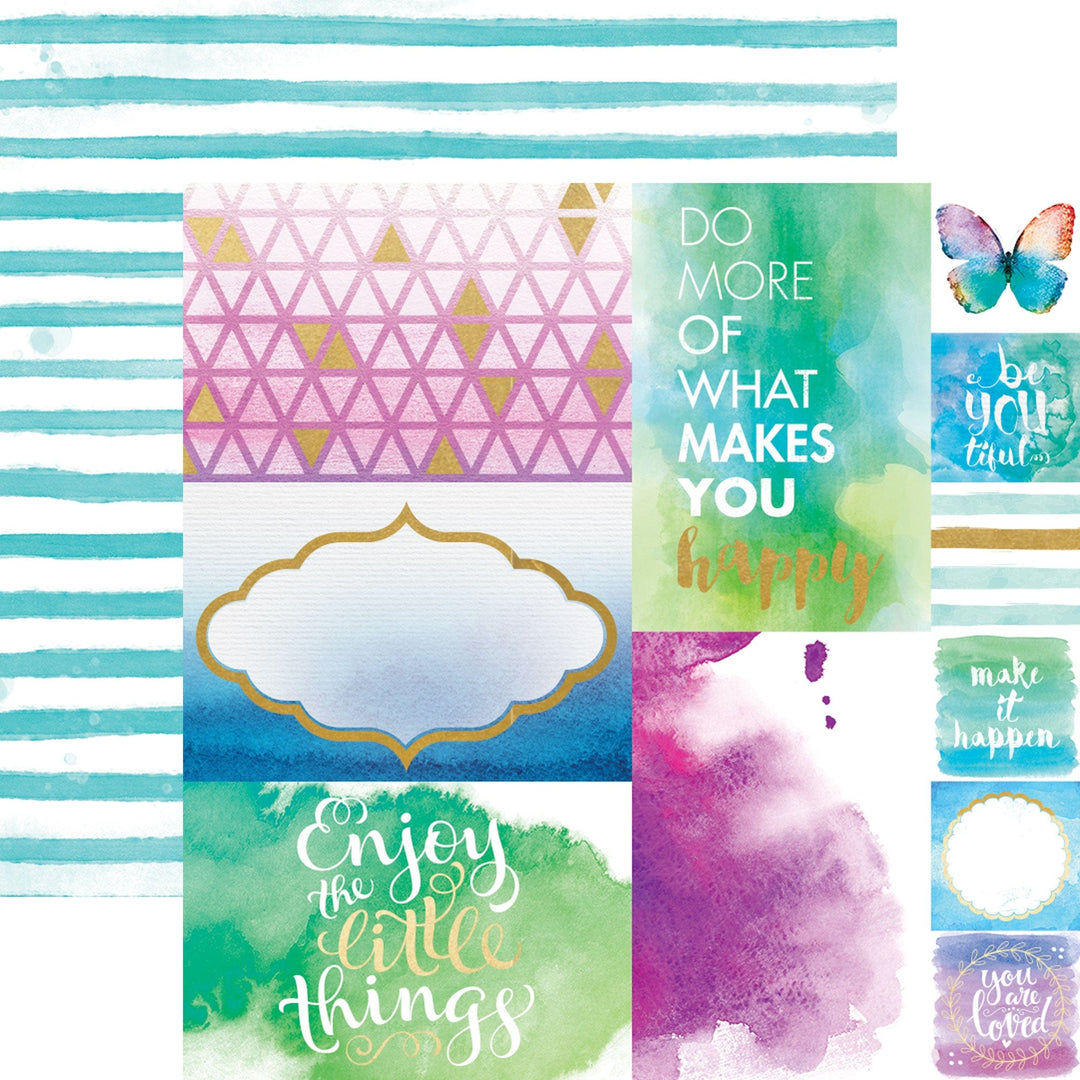 PSET-0035E - COLOR WASHED  PATTERN 12 X12 SCRAPBOOK PAPER SET - Colorful scrapbook paper collection featuring watercolor washes, geometric patterns, inspirational quotes, and decorative elements in turquoise, pink, and purple