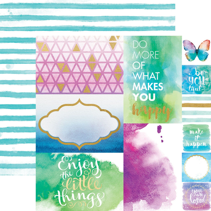 PSET-0035E - COLOR WASHED  PATTERN 12 X12 SCRAPBOOK PAPER SET - Colorful scrapbook paper collection featuring watercolor washes, geometric patterns, inspirational quotes, and decorative elements in turquoise, pink, and purple