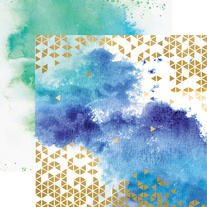 PSET-0035E - COLOR WASHED  PATTERN 12 X12 SCRAPBOOK PAPER SET - Abstract watercolor washes in blue, teal, and green with gold geometric triangle patterns on white background