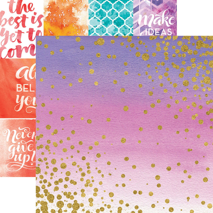 PSET-0035E - COLOR WASHED  PATTERN 12 X12 SCRAPBOOK PAPER SET - Colorful scrapbook paper set featuring watercolor washes, geometric patterns, inspirational text, and gold glitter polka dots