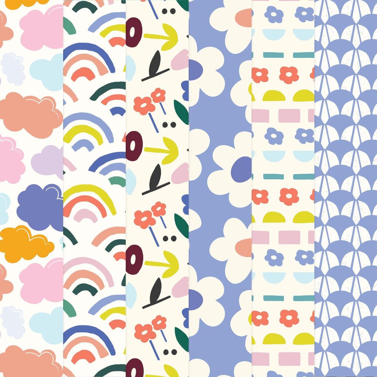 PSET-0041E - Rainbow & Clouds  Pattern 12 x 12 Scrapbook Paper Set - Four coordinating scrapbook paper patterns featuring rainbows, clouds, flowers, and geometric designs in pastels