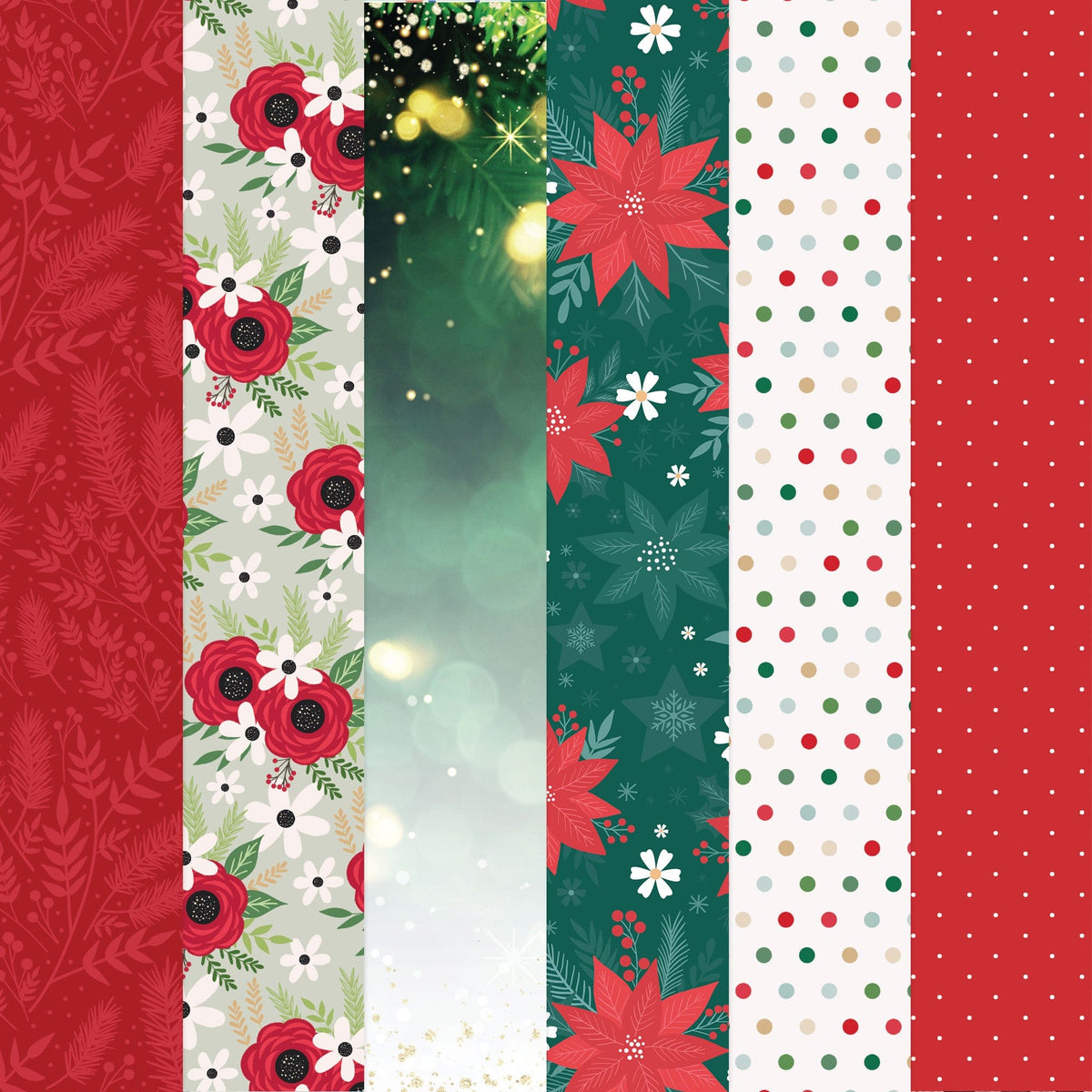 PSET-0042E - It's Christmas Time  Pattern 12 x 12 Scrapbook Paper Set - Nine vertical strips of festive scrapbook paper featuring red florals, polka dots, poinsettias, and winter foliage in red, green, cream, and gold