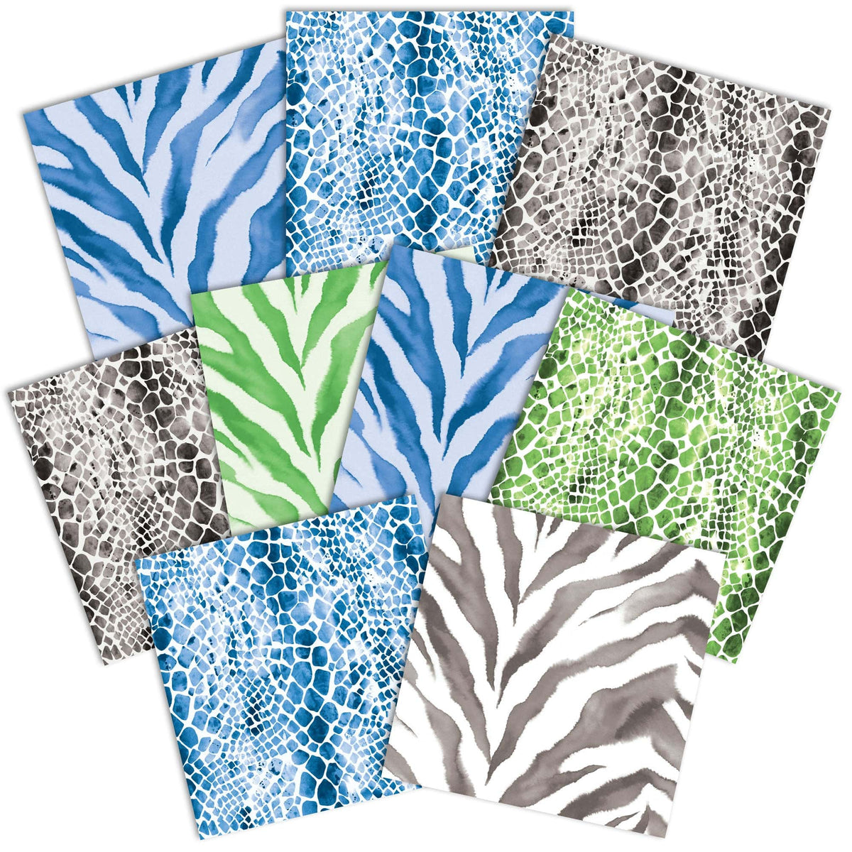 PSET-0048E - Zebra & Python Colorways Paper Assortment - Nine sheets of decorative paper in zebra stripes and python scale patterns, featuring blue, green, gray, and black colorways