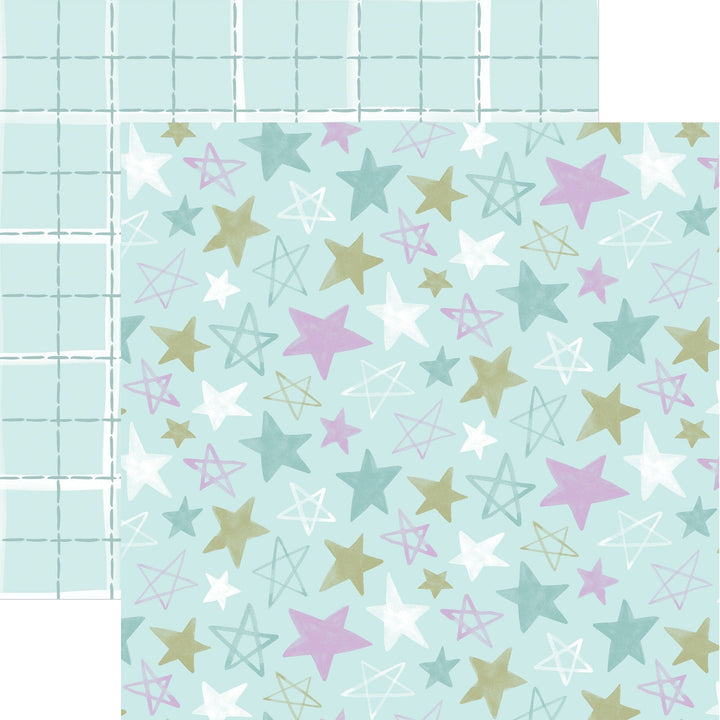 PSET-0050E - Baby Boy Paper Assortment - Light blue paper with scattered stars in white, pink, gold, and teal, featuring both solid and outlined designs