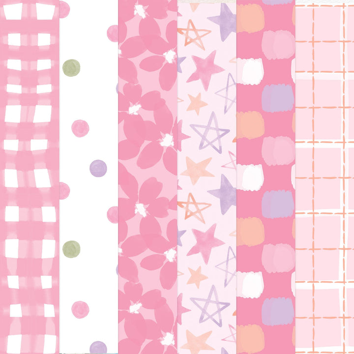 PSET-0051E - Baby Girl Paper Assortment - Six vertical strips of decorative paper in pink tones featuring gingham, floral, star, cloud, and grid patterns
