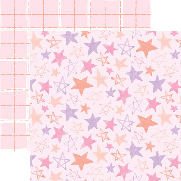 PSET-0051E - Baby Girl Paper Assortment - Pastel pink, purple, peach, and coral stars in various sizes scattered across a light pink background with a grid pattern border