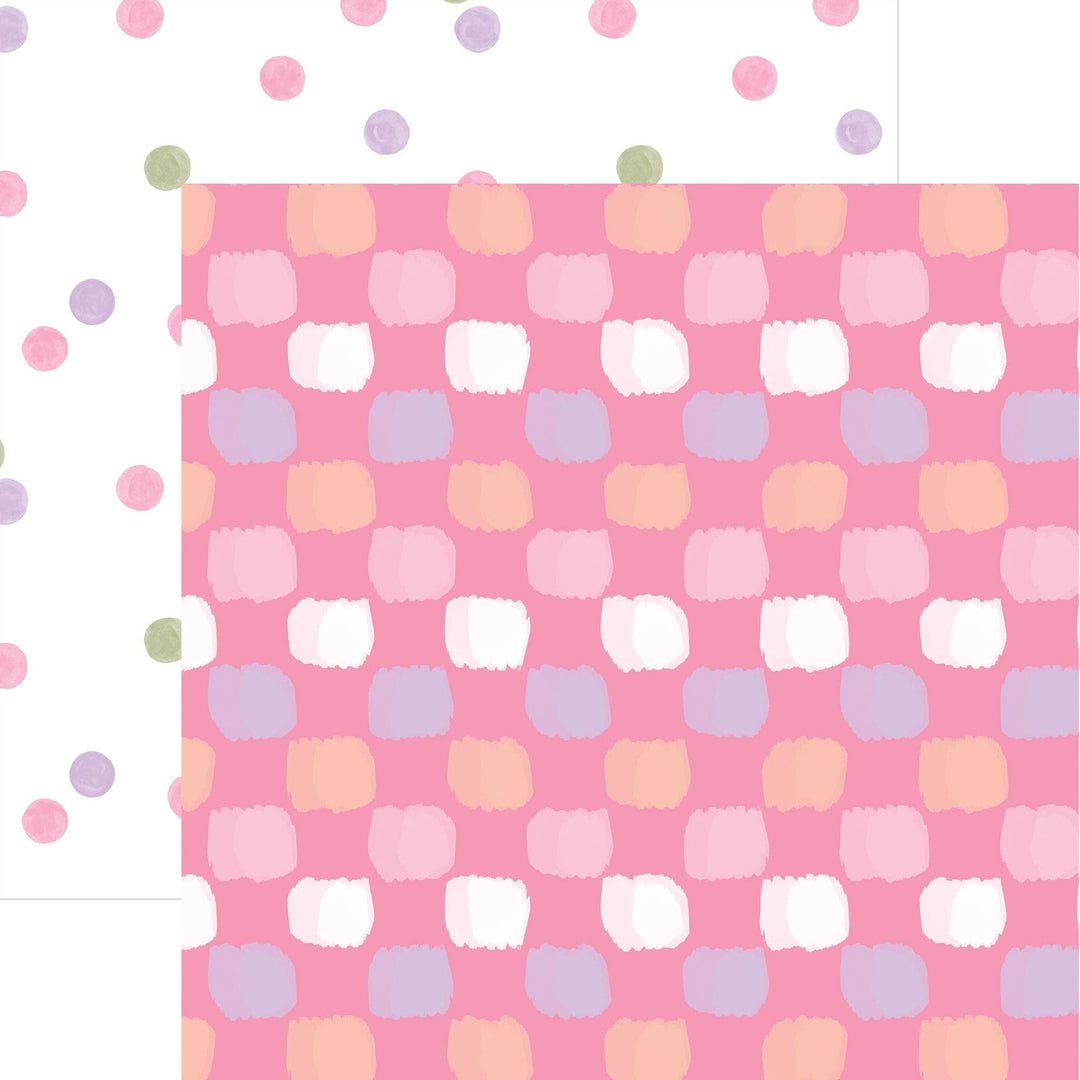 PSET-0051E - Baby Girl Paper Assortment - Pink checkered paper with pastel circles in white, lavender, peach, and sage green scattered throughout