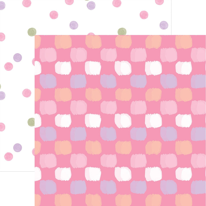 PSET-0051E - Baby Girl Paper Assortment - Pink checkered paper with pastel circles in white, lavender, peach, and sage green scattered throughout