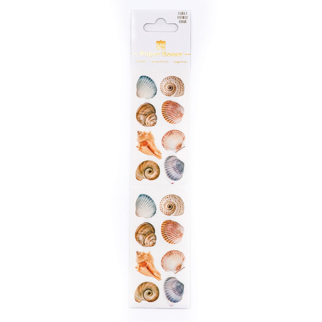 ST-2295E - Decorative Stickers - Seashells - Strip of decorative seashell stickers featuring various shells in tan, orange, and blue tones on white background