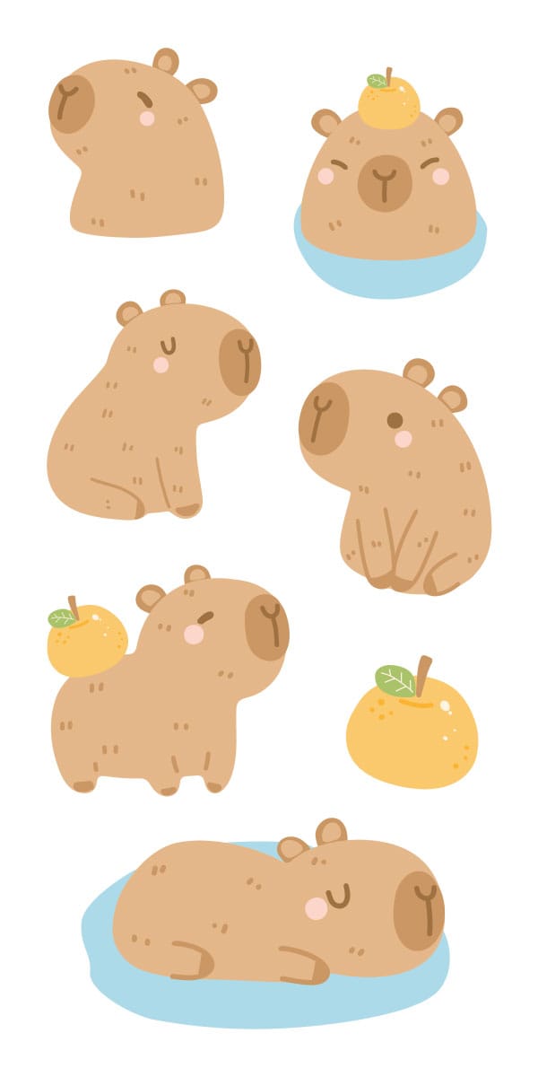 ST-2440E - Decorative Stickers - Capybara - Collection of cute brown capybara stickers in various poses with yellow fruits and blue water elements