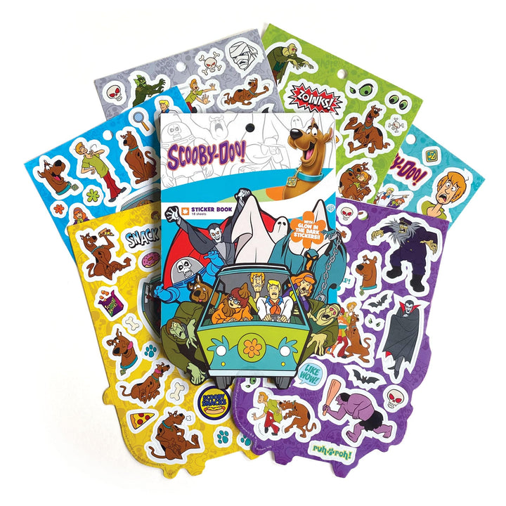 STBK-3000E - Scooby Doo Mystery Machine Sticker Book - Colorful sticker book pages arranged in a fan shape featuring cartoon characters, the Mystery Machine van, and various themed stickers in blue, yellow, green, and purple sections