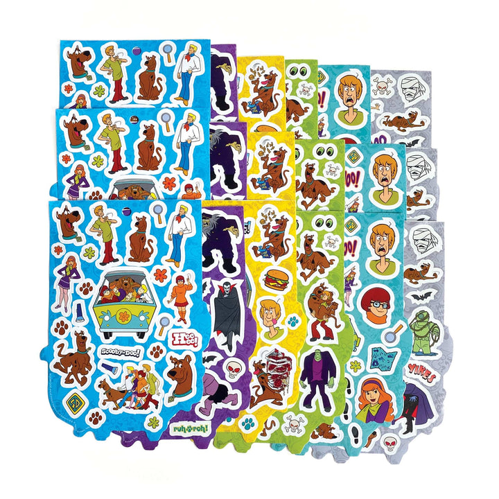 STBK-3000E - Scooby Doo Mystery Machine Sticker Book - Colorful sticker sheets featuring Scooby-Doo characters, Mystery Machine, and villains in blue, purple, yellow, green, and gray sections