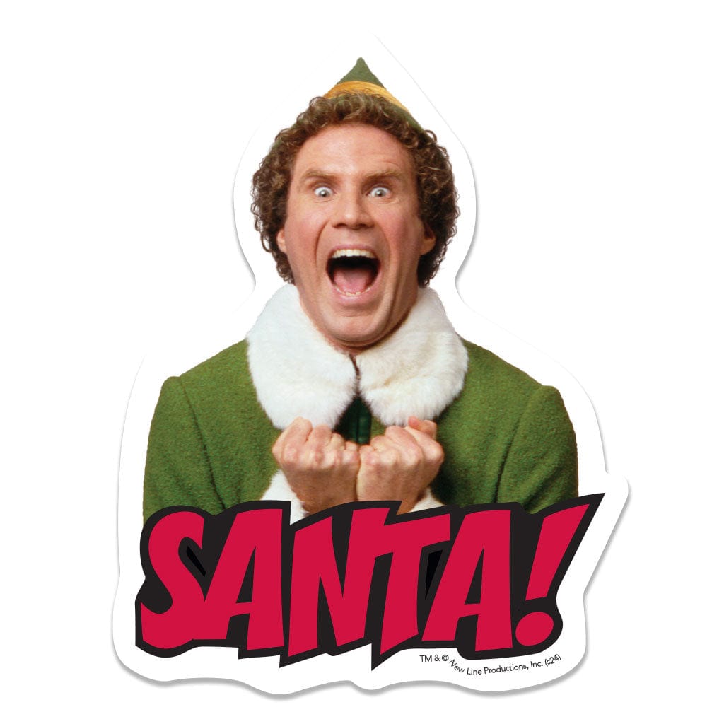 STUV-0117E - Elf - Santa Vinyl Sticker - Vinyl sticker featuring a character in green elf costume with white collar, excited expression, and red "SANTA!" text below