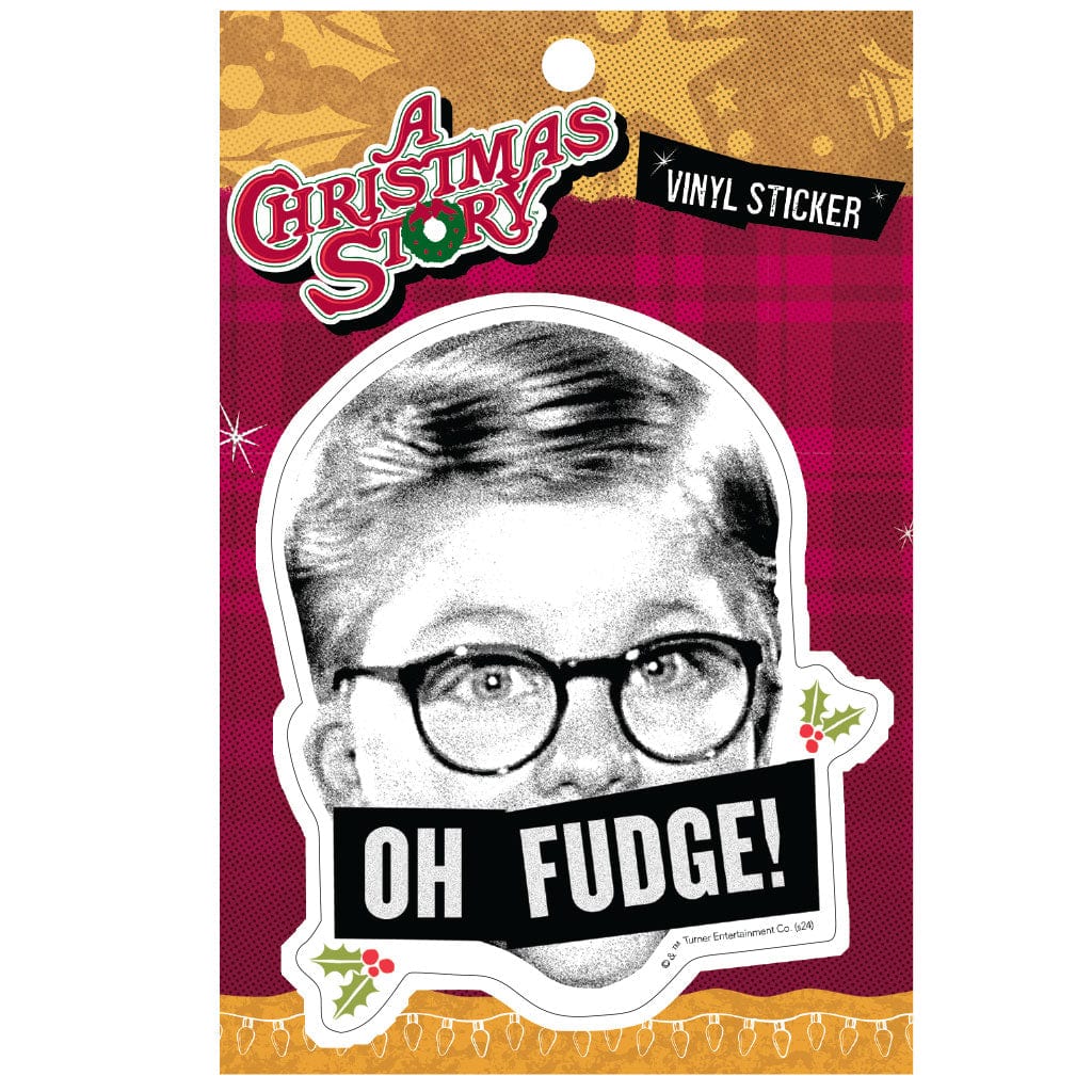 STUV-0118E - A Christmas Story - Oh Fudge Vinyl Sticker - Black and white vinyl sticker featuring a man wearing glasses with "OH FUDGE!" text banner on burgundy packaging