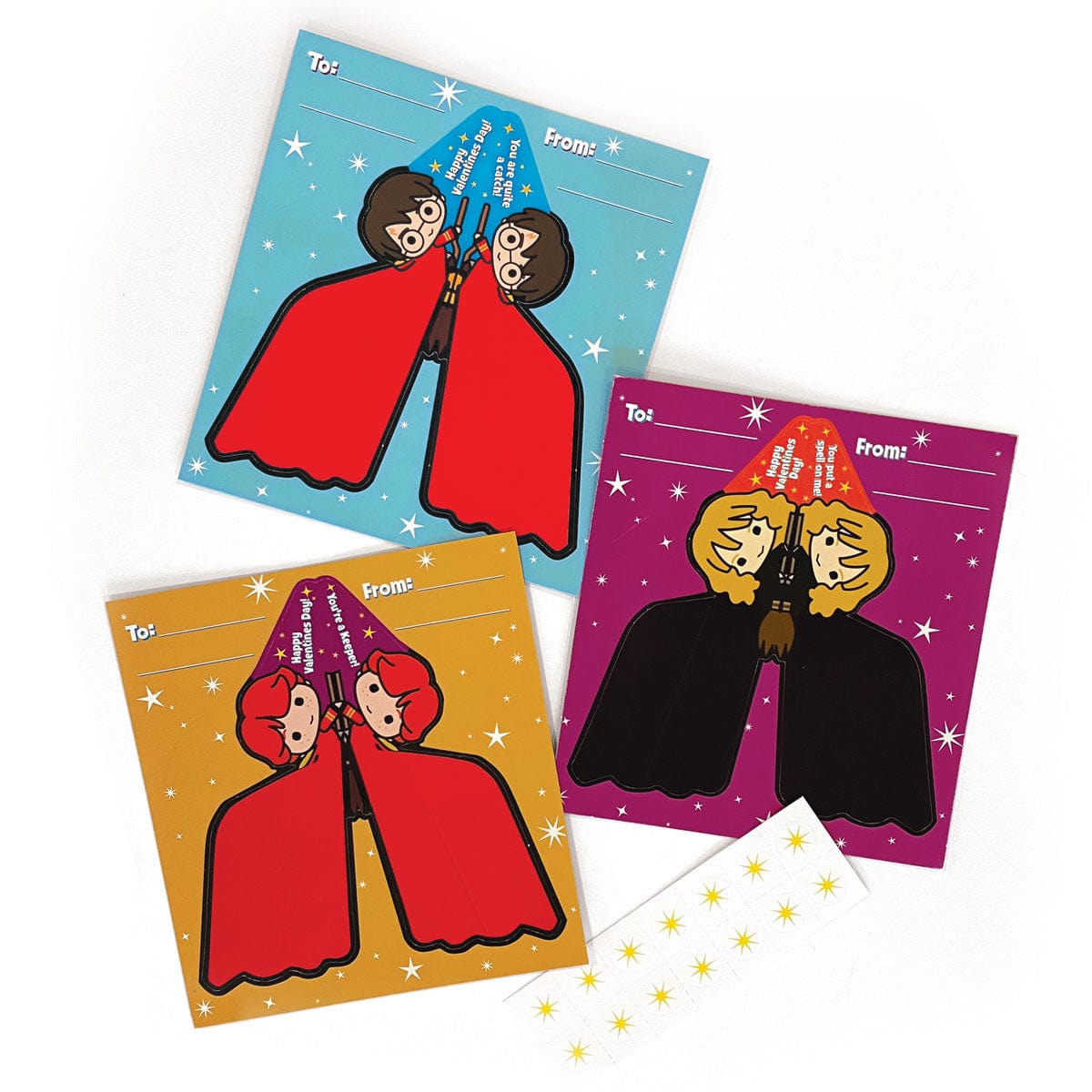 VPL-7022E - Valentine Cards Set - Harry Potter Chibi Flying Broom - Three colorful greeting cards featuring chibi characters on flying bromes against starry backgrounds in blue, gold, and purple
