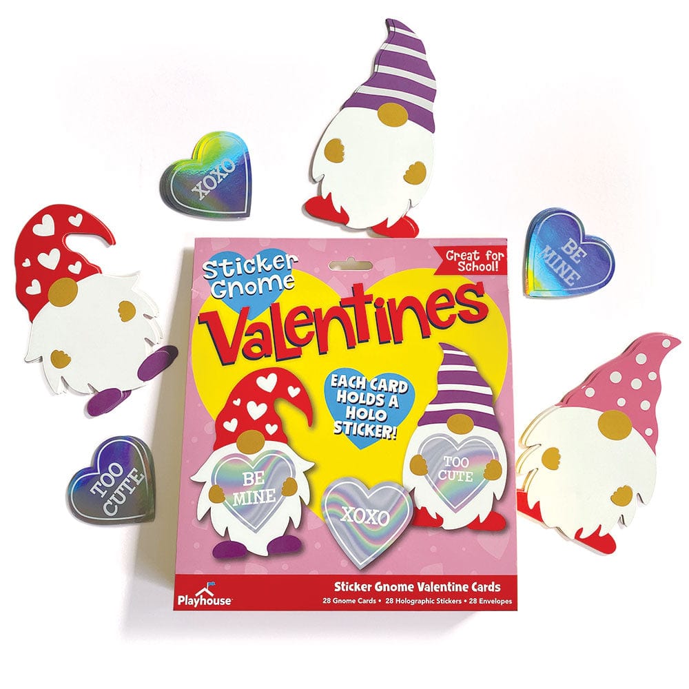 VPL-7032E - Valentine Cards Set - Gnomes w/ Holographic Stickers - Playhouse Sticker Gnome Valentines box with colorful gnome cards and holographic heart stickers displayed around it