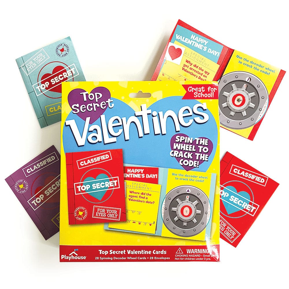 VPL-7033E - Valentine Cards Set - Top Secret Decoder - Colorful Valentine's card set with spinning decoder wheels and "Top Secret" themed packaging in yellow, red, and blue