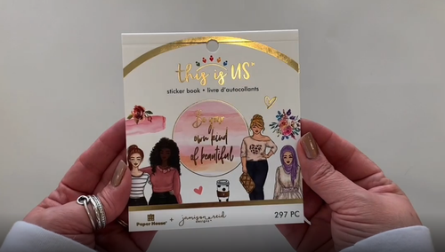 Female hands pick up and flip through the pages of this "Jamison Reid Designs" planner stickers booklet to show each page of stickers in detail. There are twelve pages in this sticker book by Paper House Productions.