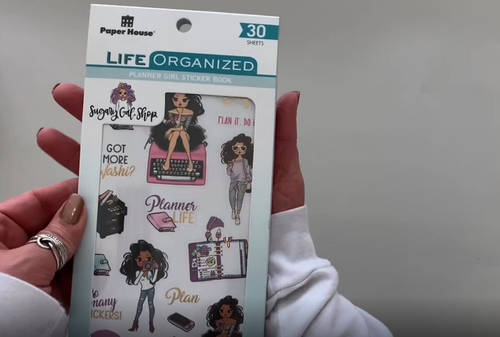 Female hands pick up and flip through the pages of the "Sugary Gal Shop" planner stickers booklet to show each page of stickers in detail. There are thirty pages in this sticker book by Paper House Productions.