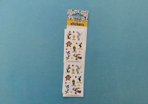 female hands display stickers featuring looney tunes characters, on blue background with package.