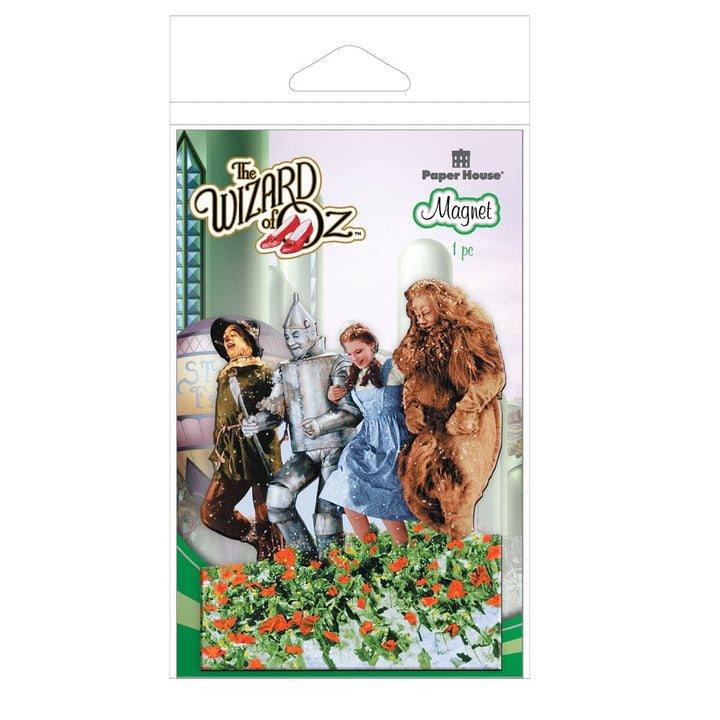 fridge magnet featuring the 4 characters from the Wizard of Oz, frolicking through the poppy field shown in package featuring the emerald city.