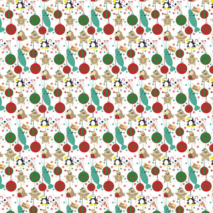 scrapbook paper featuring an illustrated pattern of Christmas ornaments.