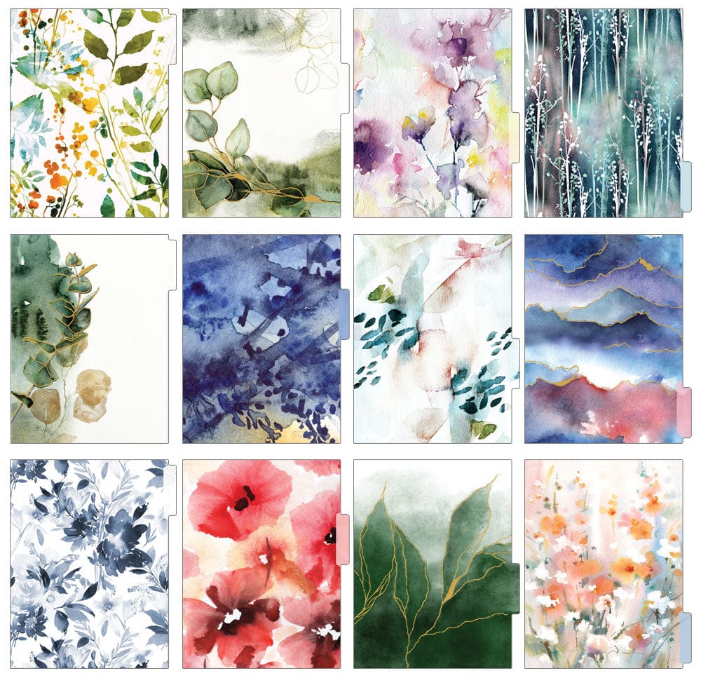 weekly planner featuring 12 dividers with colorful watercolor florals and leaves, shown on white background.