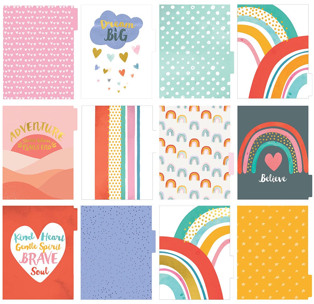 weekly planner featuring 12 dividers with colorful illustrations of rainbows, hearts and polka dots, shown on white background.