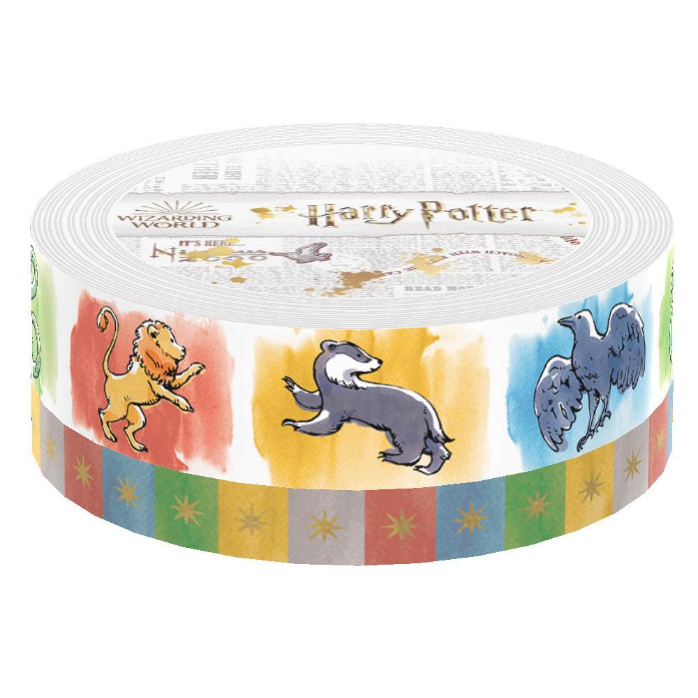 Two rolls of Harry Potter washi tape are shown in packaging featuring colorful, illustrated animals and colorful squares with gold stars.