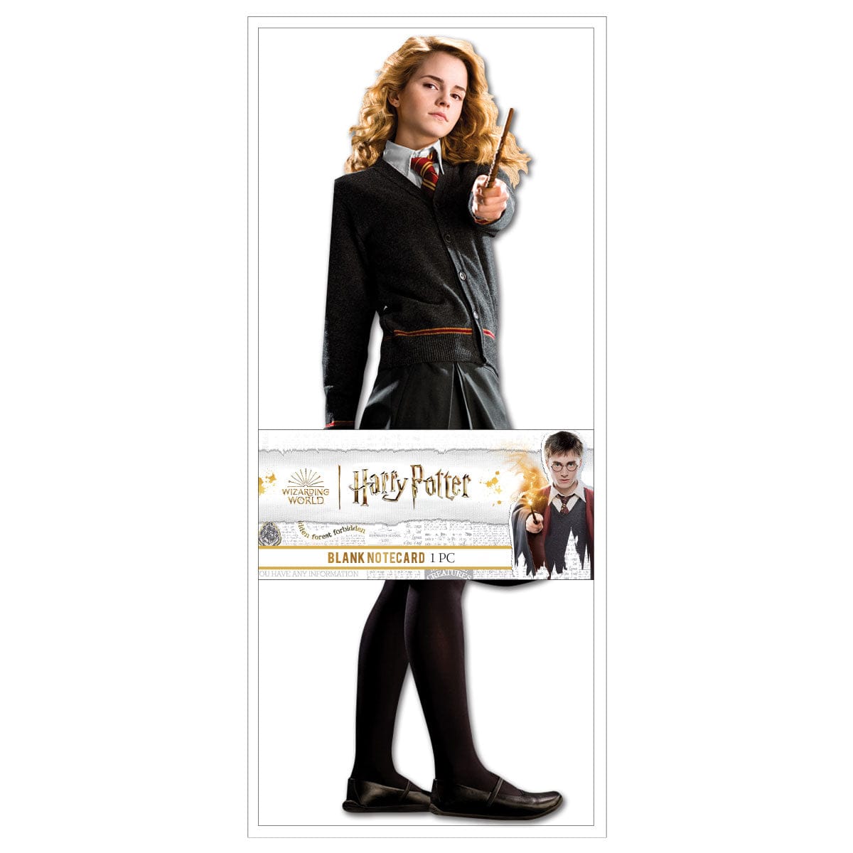 shaped note card featuring Hermoine performing witchcraft shown in package on a white background.