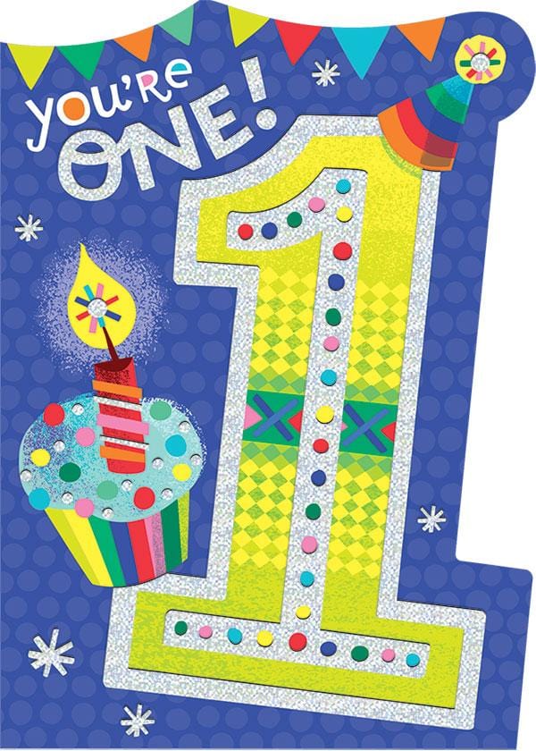 note card featuring a colorful number 1 with silver foil accents shown on white background.