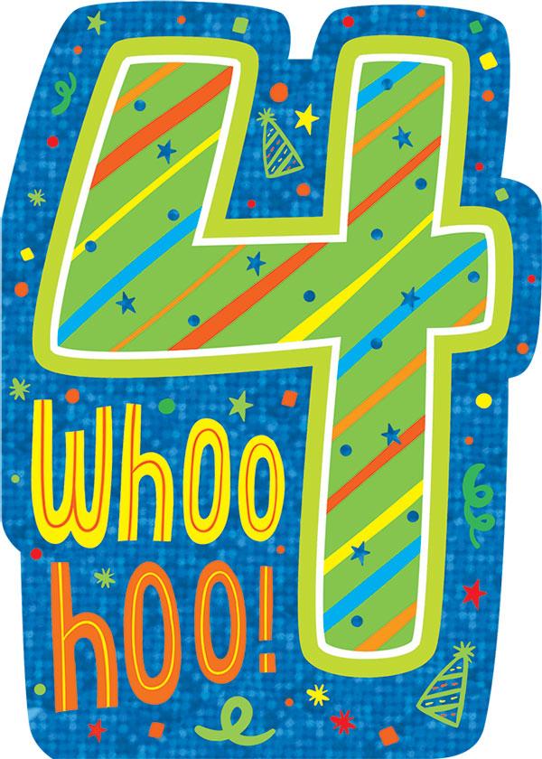 note card featuring a large green number 4 with colorful blue, yellow and orange accents shown on a white background.