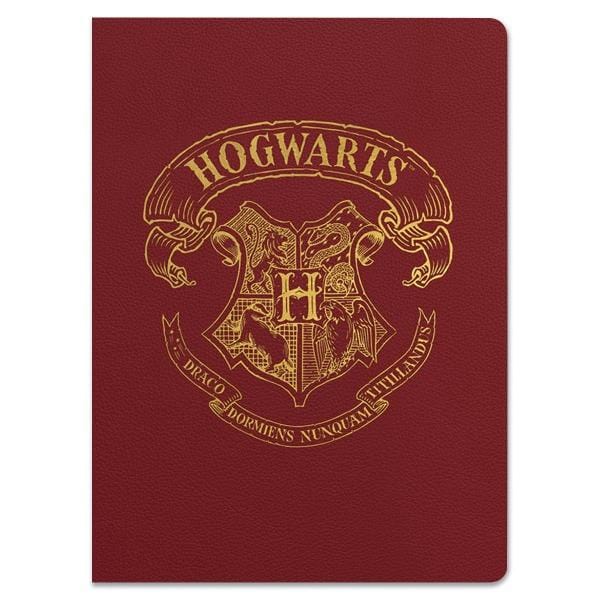 Hogwarts Crest Softcover Harry Potter journal notebook image shows cover featuring a gold illustration of the crest on a solid red background.
