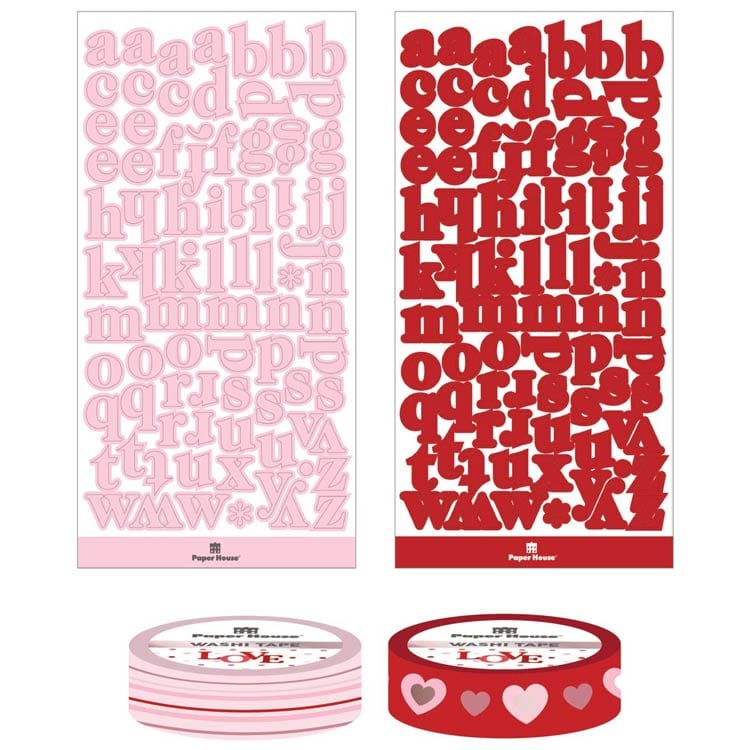 KIT-0130E - Craft Kit - Love &amp; Romance - Pink and red alphabet sticker sheets with matching heart-patterned washi tape rolls