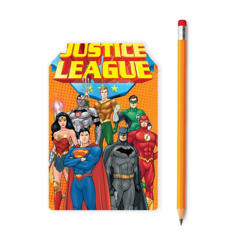 NBB-0056E - Justice League Mini Notebook - Yellow Justice League notebook with superhero characters on orange background, displayed next to a yellow pencil with red eraser