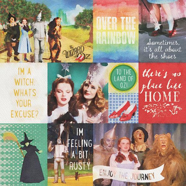 P-2081E - Scrapbook Paper - Wizard of Oz Tags Double-Sided - Colorful patchwork scrapbook paper featuring Wizard of Oz quotes, characters, and iconic imagery in a grid layout