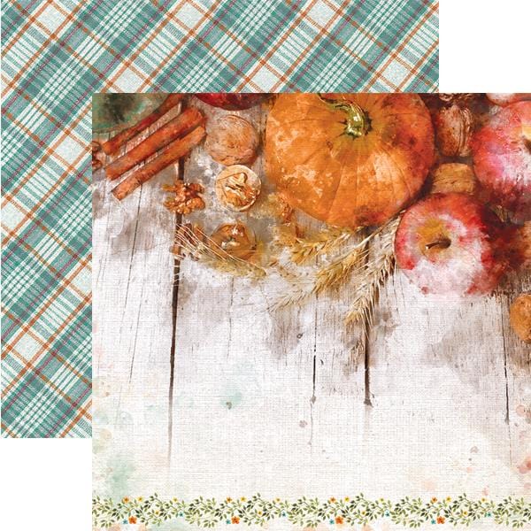 P-2114E - Scrapbook Paper - Pumpkin Spice - Decorative scrapbook paper featuring autumn produce, plaid pattern, and seasonal garland border on white wood background
