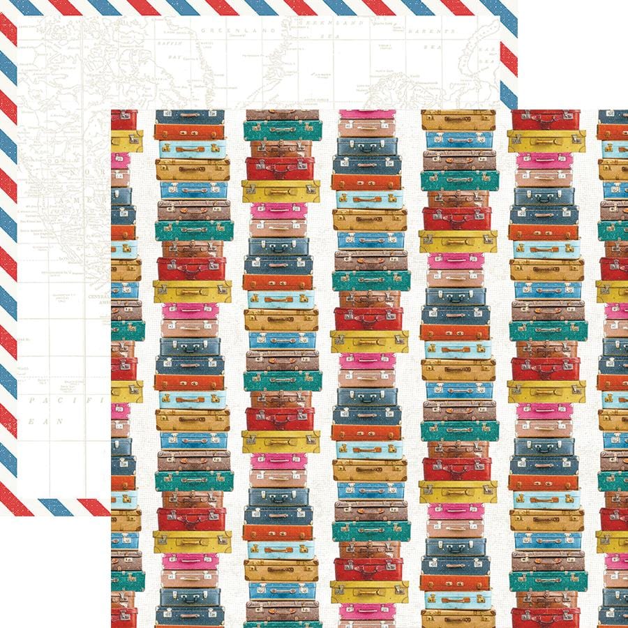 P-2165E - Scrapbook Paper - Suitcases - Colorful stacked vintage suitcases in red, blue, yellow, pink, and teal on a map background with airmail border